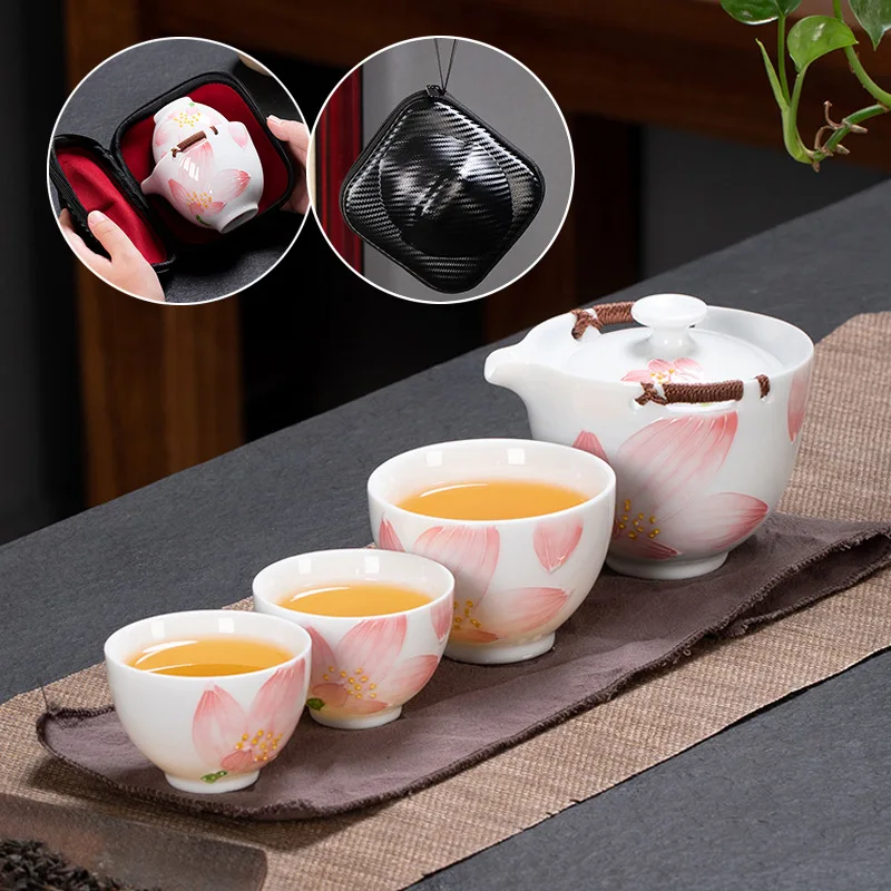 

White porcelain hand-painted Kuaike, a pot of three cups, portable travel Kung Fu tea set, ceramic tea set
