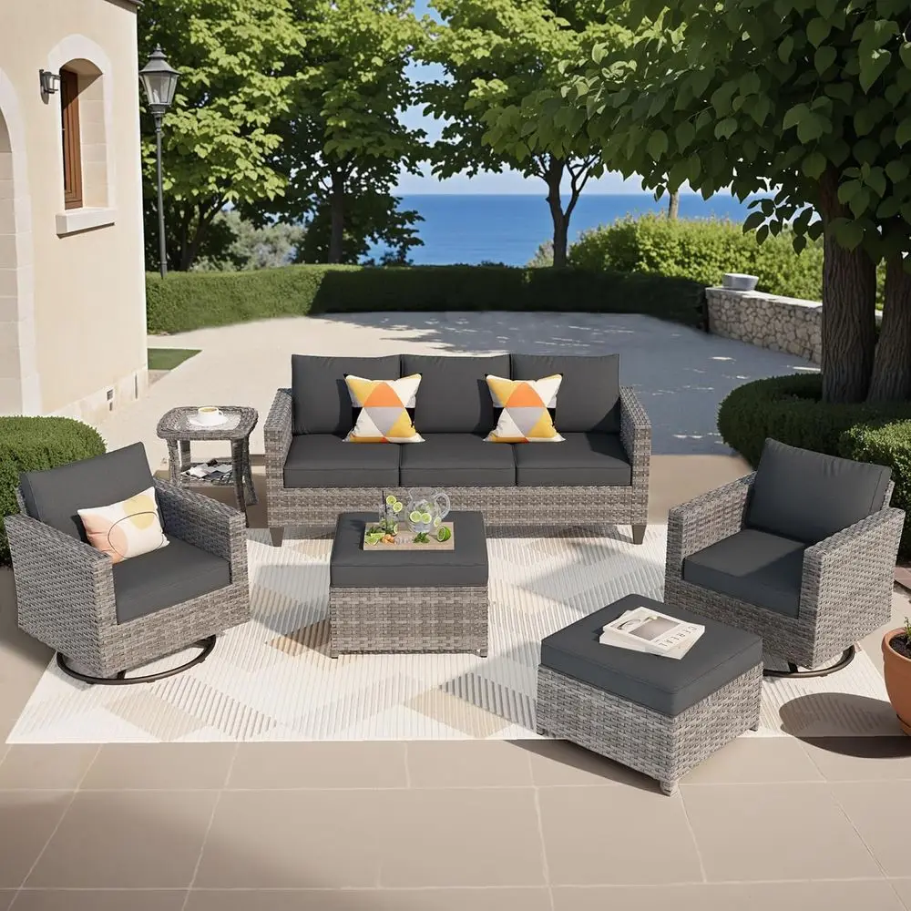 

6-местный комплект садовой мебели из искусственного ротанга с вращающимися креслами-качалками, пуфиками и подушками для патио или террасы, черный