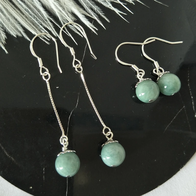 

Natural Green Jade Bead Earrings 925 Sterling Silver Charm Jadeite Jewelry Fashion Amulet for Women Gifts