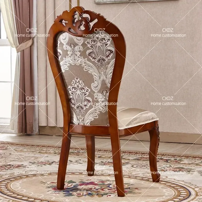 Neoclassical Solid Wood Carved Dining Chair Fabric Upholstered Soft Seat for Hotel Restaurant Home Study European Style
