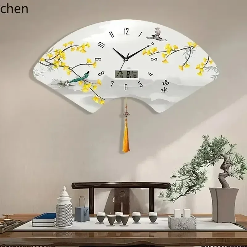 Fan-shaped Perpetual Calendar Wall Clock For Living Room And, Silent Wooden Panel Creative Decorative Painting Silent Clo