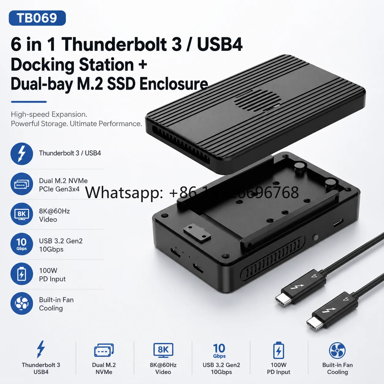 6-in-1 Thunderbolt 3 Aluminum Docking Station Dual-Bay M.2 NVMe SSD Enclosure 4K for 10Gbps USB 60W PD 8TB Max Built-in Fan