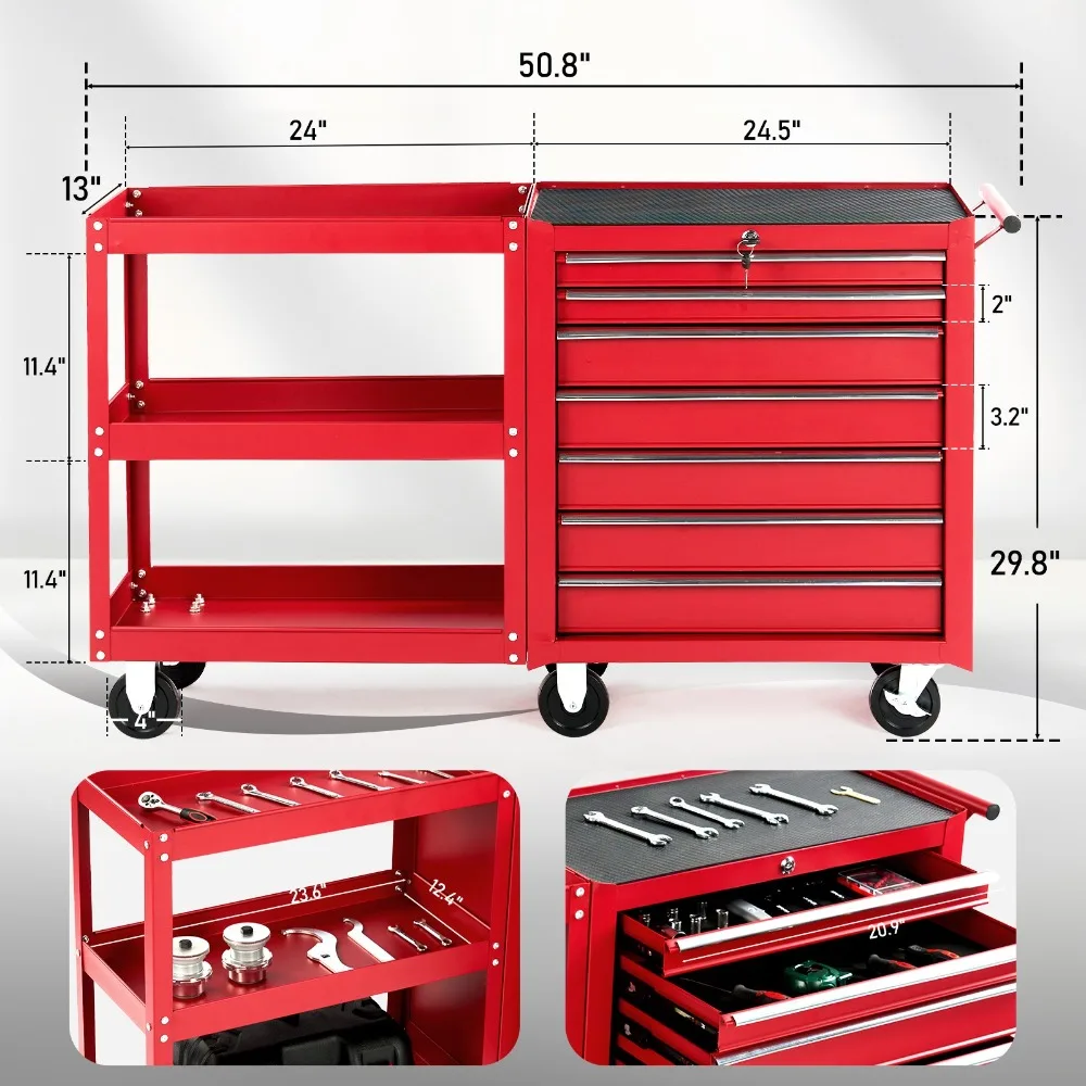 잠금장치, 열쇠, 6개의 바퀴, 측면 선반이 있는 7단 서랍 이동식 공구 보관 솔루션