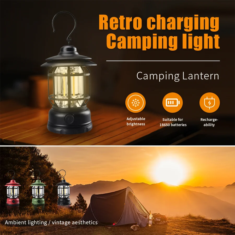 ضوء LED خارجي عتيق للتخييم ، يدوم طويلاً ، سطوع قابل للتعديل ، شحن USB