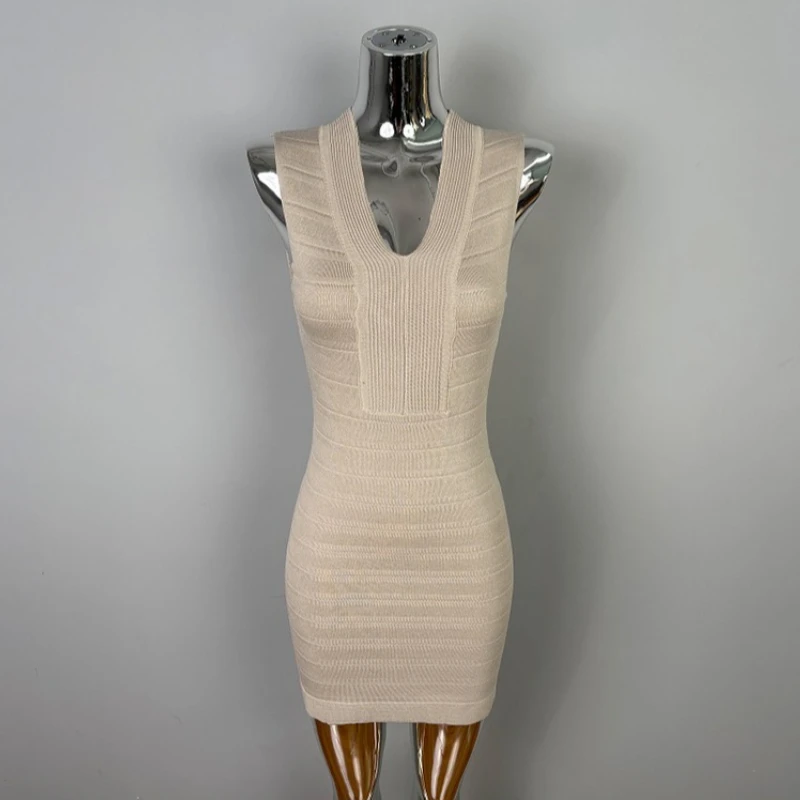 2026 vestidos de punto con cuello en V de estilo francés Sexy ajustado Primavera Verano Retro vestido de mujer sólido sin mangas ceñido al cuerpo Mini vestido