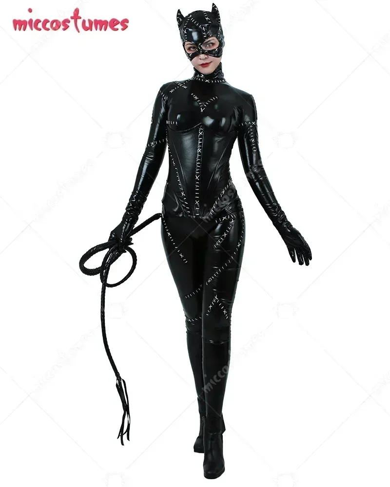 Mikro kostüme Frauen Deluxe Katze Ganzkörper schwarz Catsuit Cosplay Kostüm Peitsche Reiß verschluss Patch für Halloween Cosplay Kostüm