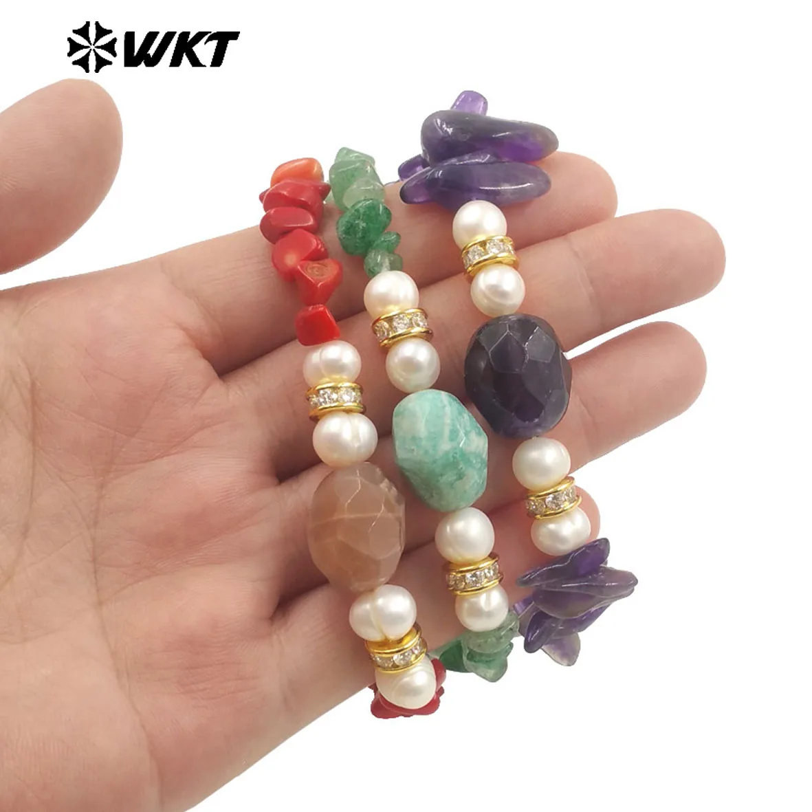 

WT-B696 WKT Fashion Natural Chunky Stone With Little Gemstones And Pearl Micro Pave Zircon Bracelet Valentine's Day Gift For Her