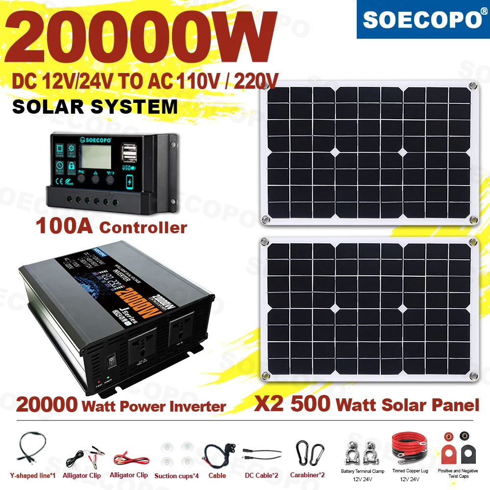 

SOECOPO 20000W Solar System Complete Kit 2*500W Panels 12V 24V To 220V/110V Inverter 100A Controller for Home Camping Balcony
