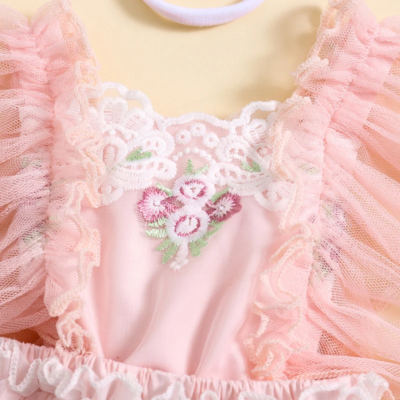 Toddler Baby Girl Floral Embroidery Ruffles  Romper Lace Trim Bodysuits Dress Headband Outfits