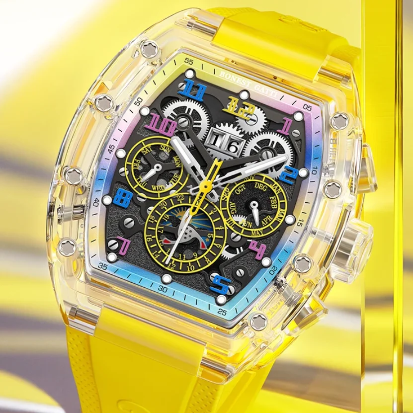 

BONEST GATTI Мужские автоматические часы 50 мм Механические наручные часы Tonneau Акриловый корпус Водонепроницаемые светящиеся многоциферблатные часы Месяц Неделя Дата