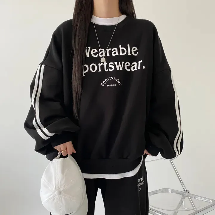 Letter Print Sweatshirt + Trousers Female Loose Streetwear Two Piece Sets Women Outfits Spring Y2k Tracksuit Solid O-Neck Suits