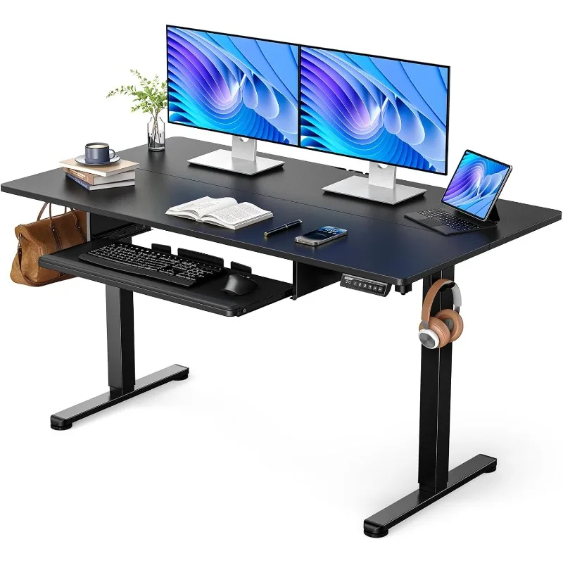 Electric Standing Desk with Keyboard Tray, 55x28 Inches Adjustable Height Sit Stand Up Desk, Home Office Desk