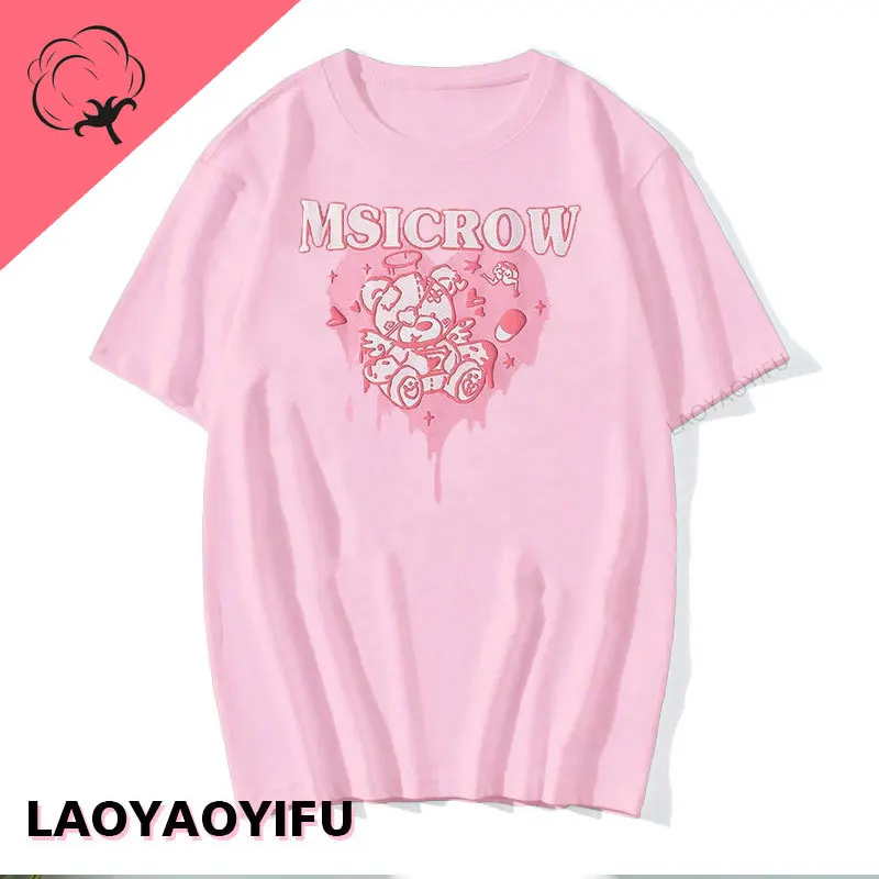 2024 koreański damski t-shirt Kawaii różowy miłość nadruk niedźwiedzia krótki rękaw t-shirt damski bluzka Harajuku Streetwear damski T-shirt