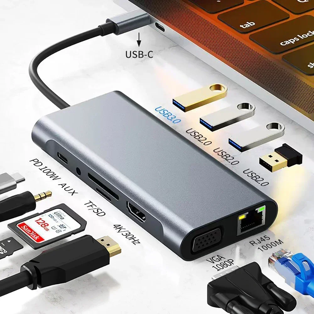 

USB-концентратор 11 в 1 с Type C на 4K-совместимый адаптер с кардридером RJ45 SD/TF PD для быстрой зарядки ноутбука, компьютера