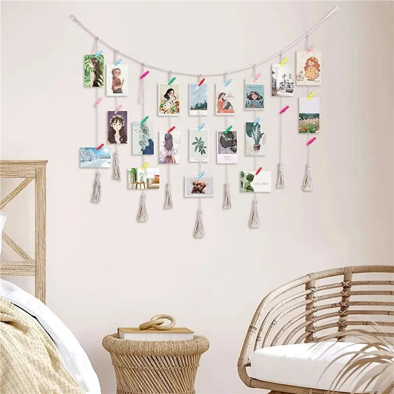 New Hanging Photo Display with Rope Log Home Decor DIY Picture Home Dormitory Display Hanging Tassels With Clips Photo Frame Set