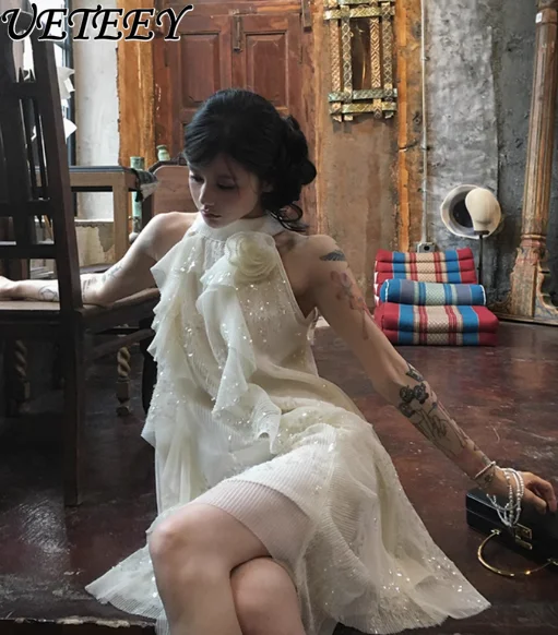 

Отпуск на море, цветок, блестки, вышивка, свободная талия, белое платье, женское платье без рукавов с ромбовидной сеткой и вышивкой, новые летние платья