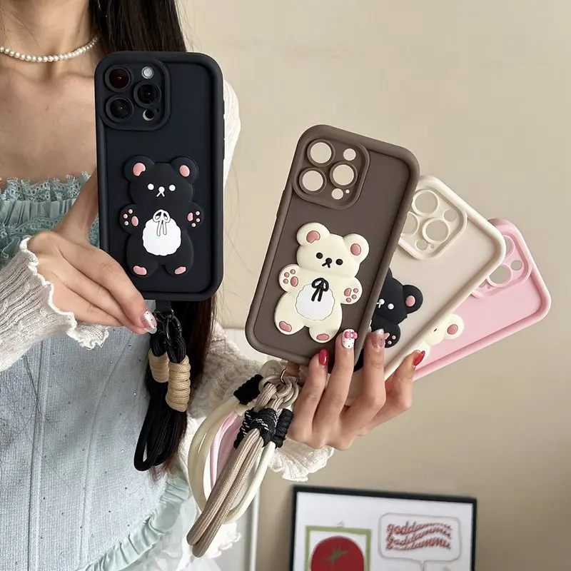 Bear Lanyard Phone Case For Xiaomi Poco C75 C71 C65 C61 C55 C40 4G X3 GT X3 NFC X5 X6 X7 Pro M7 M6 Plus M5S M3 Pro 5G Rope Cover