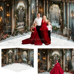 Christmas Palace Room Background Photography Studio Golden Arched Window Snowy Xmas Tree Backdrop Winter Kid Gift Photozone Prop