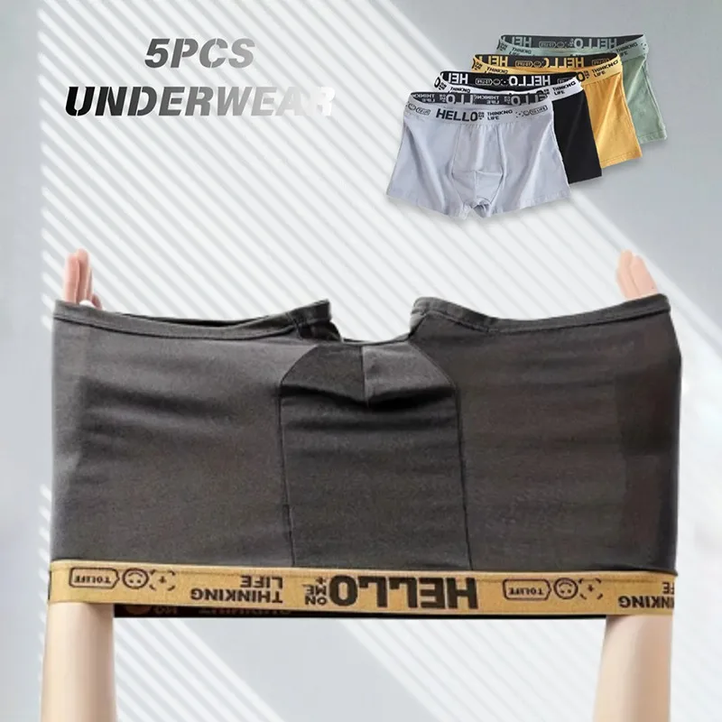 Herren Milchseide Stretch Boxershorts 5er-Pack Weiche Atmungsaktive Unterwäsche Flexibler Bund Freizeitkleidung Hello-Print Mehrfarbige Boxershorts