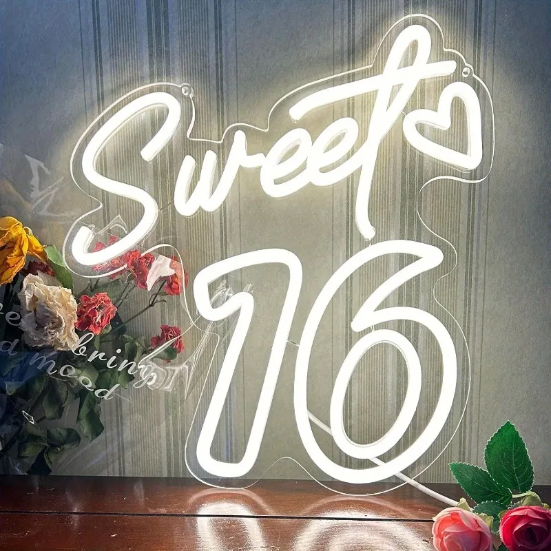 Sweet 16 Neonlichter zur Wanddekoration, 16. Geburtstagsbeleuchtung, Sweet 16 LED-Lichter Logo, Mädchen-Schlafzimmer-Deko, Happy Birthday Party Wanddekoration, Partygeschenk, Warmweiß
