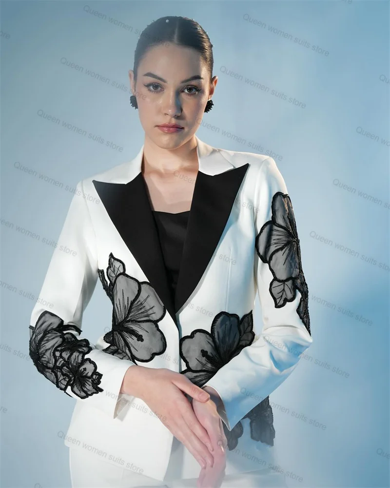 Luxe Witte Damespakken Broek Set 2-delige Bloemenblazer + Rechte Broek Formele Kantoordame Bruiloft Smokingjas Prom Jas