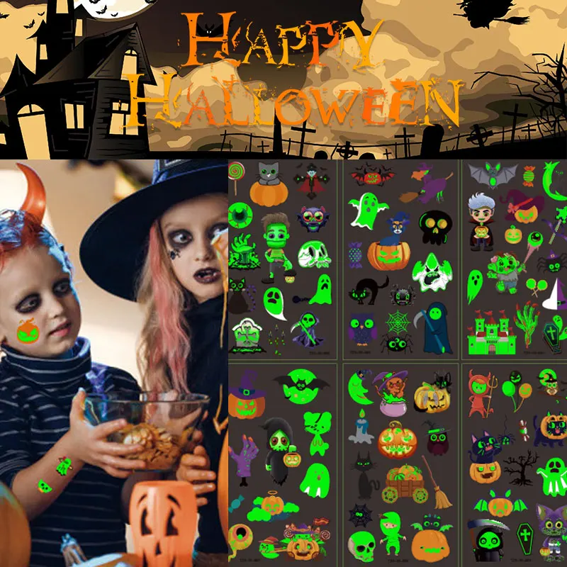 

10/20Sheets Halloween Luminous Tattoo Stickers Ghost Pumpkin Fluorescent for Face Tattoo Stickers Halloween Party Decoration