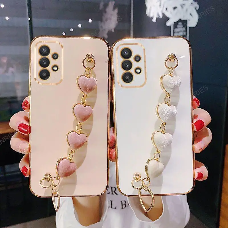 A 52 53 13 23 Love Heart Wrist Chain Silicone Case For Samsung Galaxy A52 A53 A33 A13 A23 A73 A72 A32 4g 5g Luxury Plating Cover