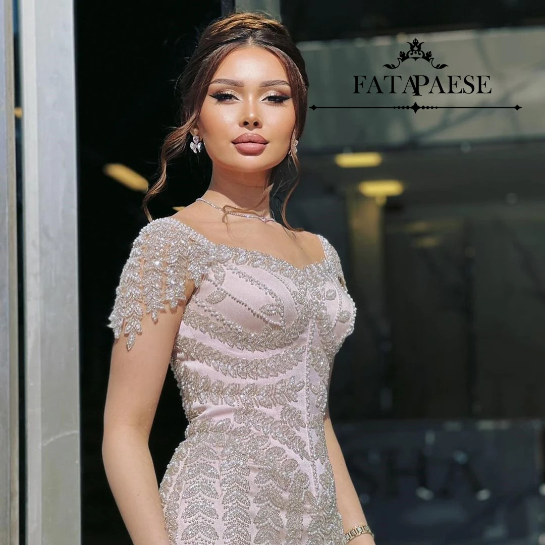 

FATAPAESE Customized Luxury Bridesmaid Dress Full Beaded Sequins Stones Bodice Short Sleeve Sheath Gown Wedding Engagement Dress