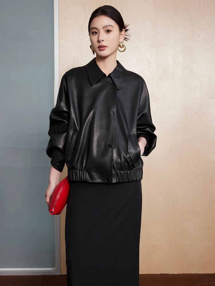 

Casual Short Genuine Leather Jacket for Women High-end Simple Loose Lychee Texture Black Real Goatskin Coat chaquetas piel mujer