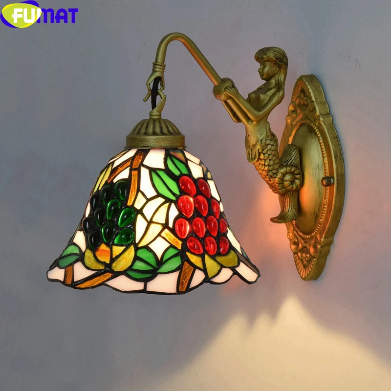 Tiffany Retro Mermaid Wall Lamp Vintage Stained Glass Grape Lampshade Wall Mounted Decor Sconce Indoor Bedroom LED Wall Light image 4