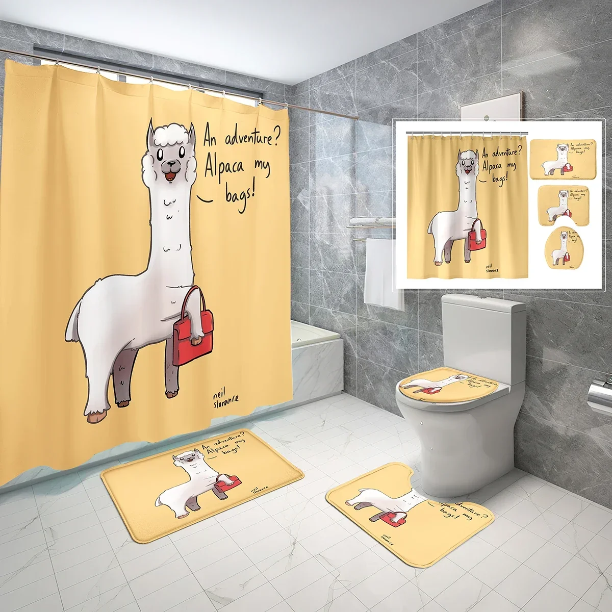 4 Pcs Cartoon Alpaca Shower Curtain Sets with Toilet Lid Cover and Bath Mat Child Cartoon Drawing Waterproof Bathroom Decor Sets