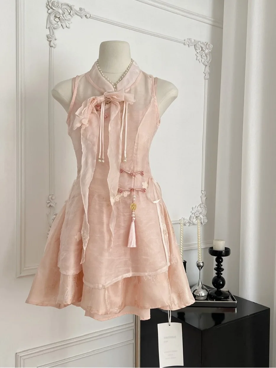 

New Chinese Sle Women's Dr Two-Piece Set Summer Knot Button Cover up + Waist-Cinching Strap Dr