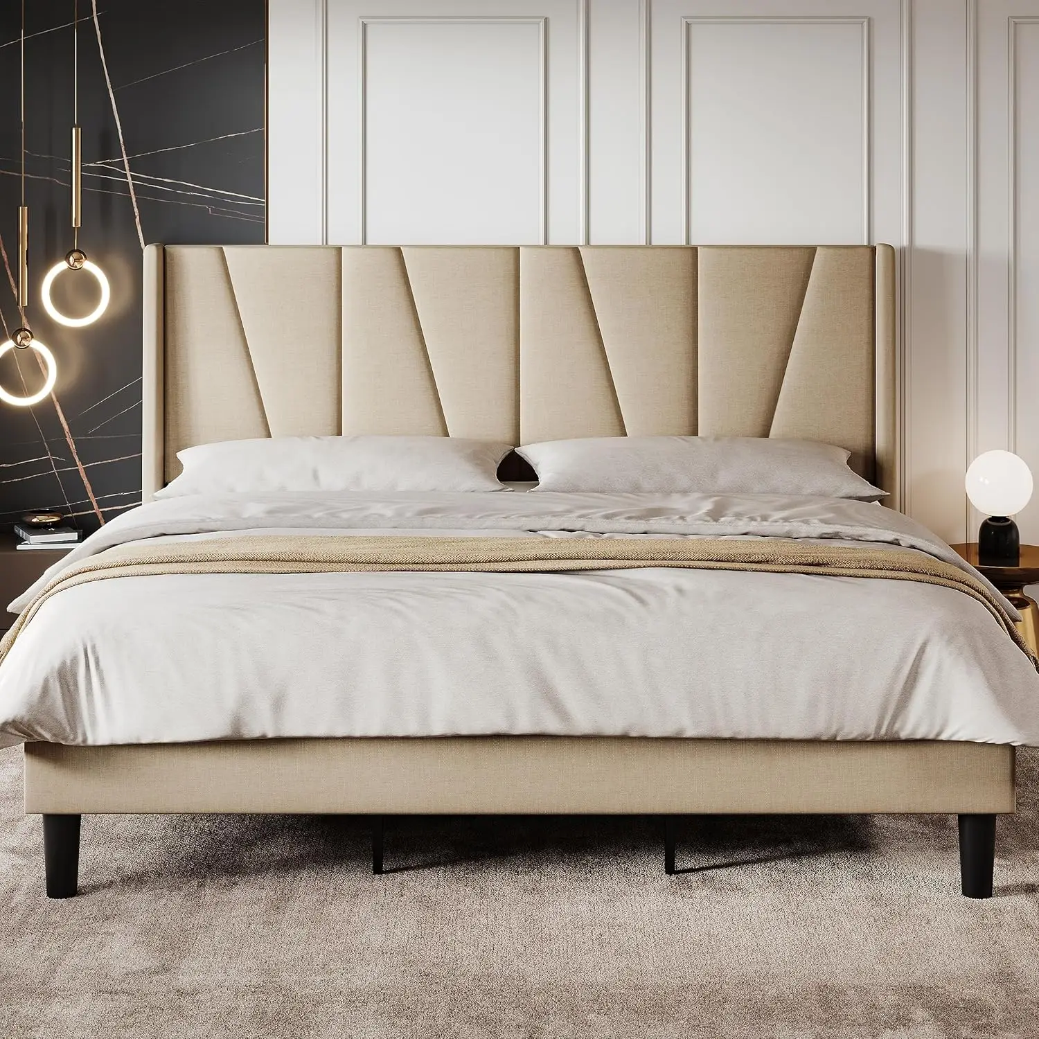 

King Size Bed Frame with Geometric Wingback Headboard, Upholstered Platform Bed with 8" Under-Bed Space, No Box Spring