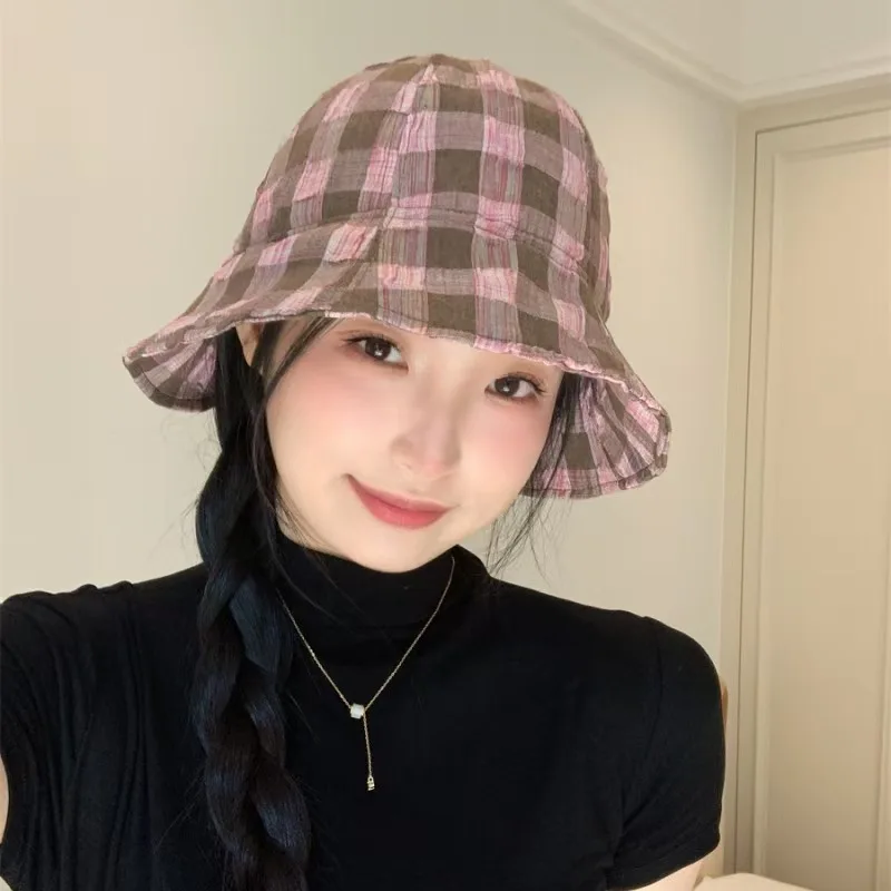 

Retro Plaid Rear Split Bucket Hats Women Spring and Summer Casual Versatile Show Face Small Literary Basin Caps