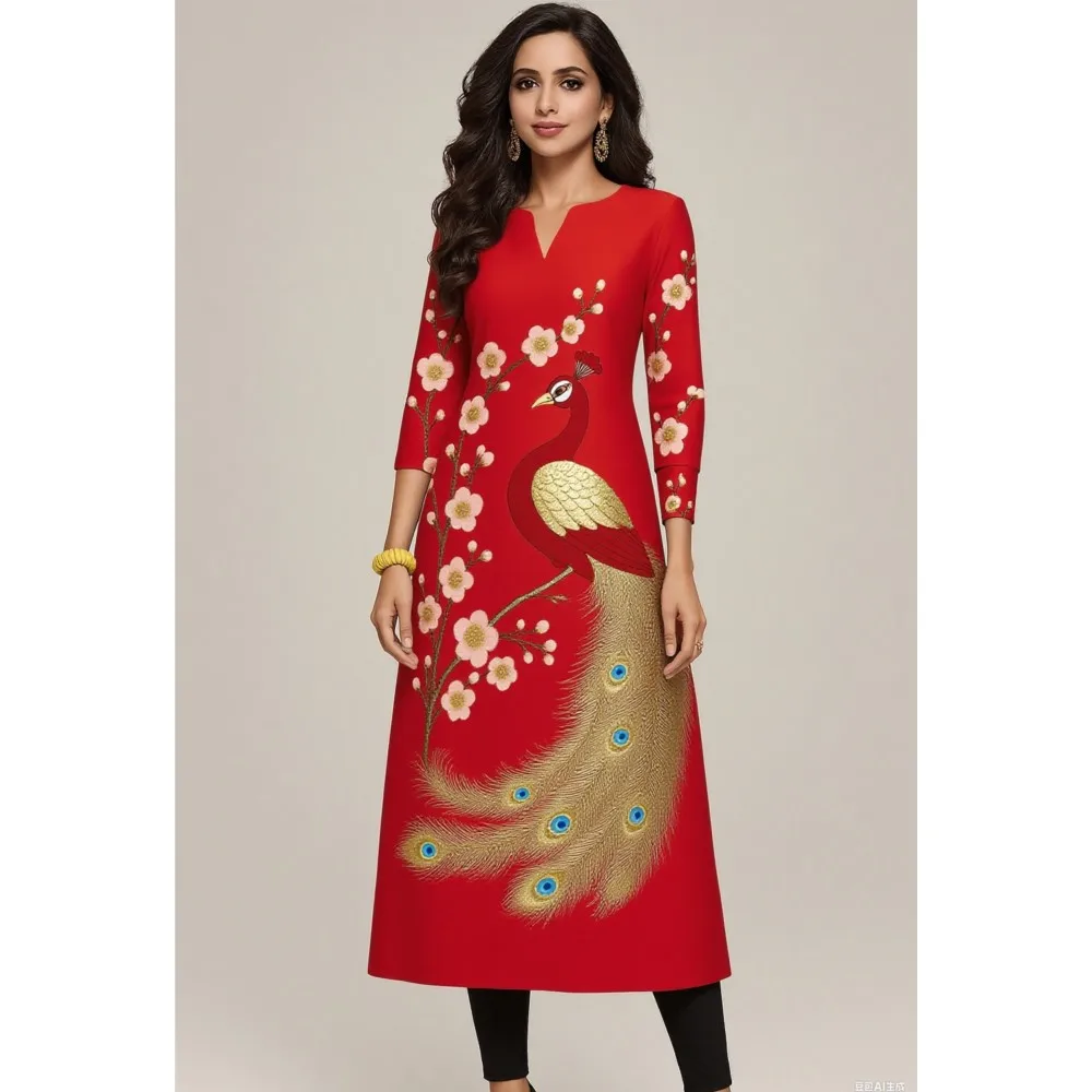 

Мусульманский Курт, женское повседневное модное платье с павлином, прямая трубка, повседневное, с этническим цветком, в национальном стиле, Islamische Kleidung Frauen