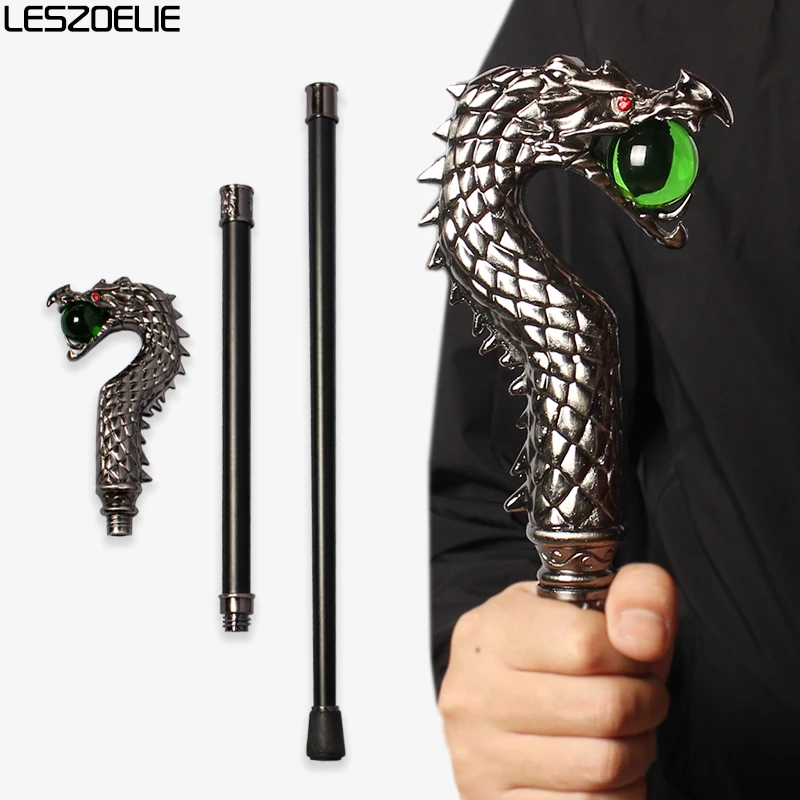 عصا المشي الرجالية الفاخرة برأس التنين الفضي مع كرة كريستال خضراء زمردية للنساء لحفلات الهالوين العصرية #1