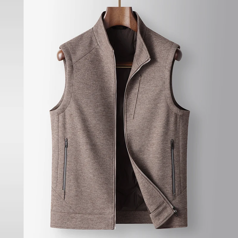 Men Wool Down Vest 90% Goose Down Liner Stand Collar Zip Sleeveless Gilet Business Casual Warm Waistcoat Autumn Winter Outerwear