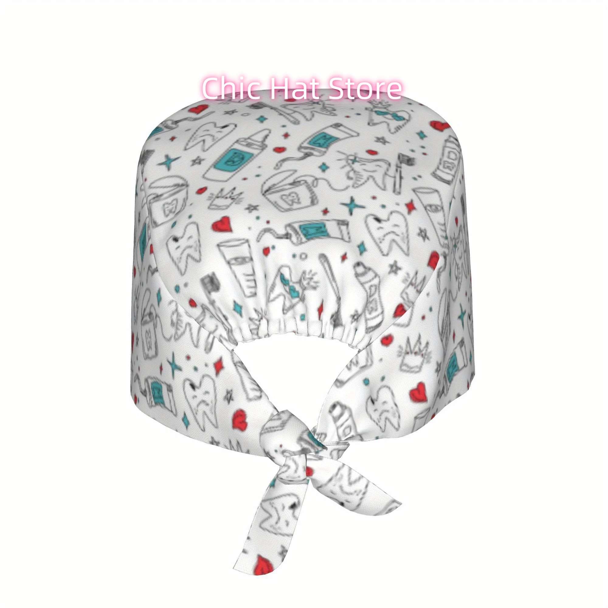 1pc dental clinic Women's Stylish Printed Lightweight Adjustable Work Cap - Skull Cap, Tie-Back Nurse Hat, Dustproof Chef & Cook