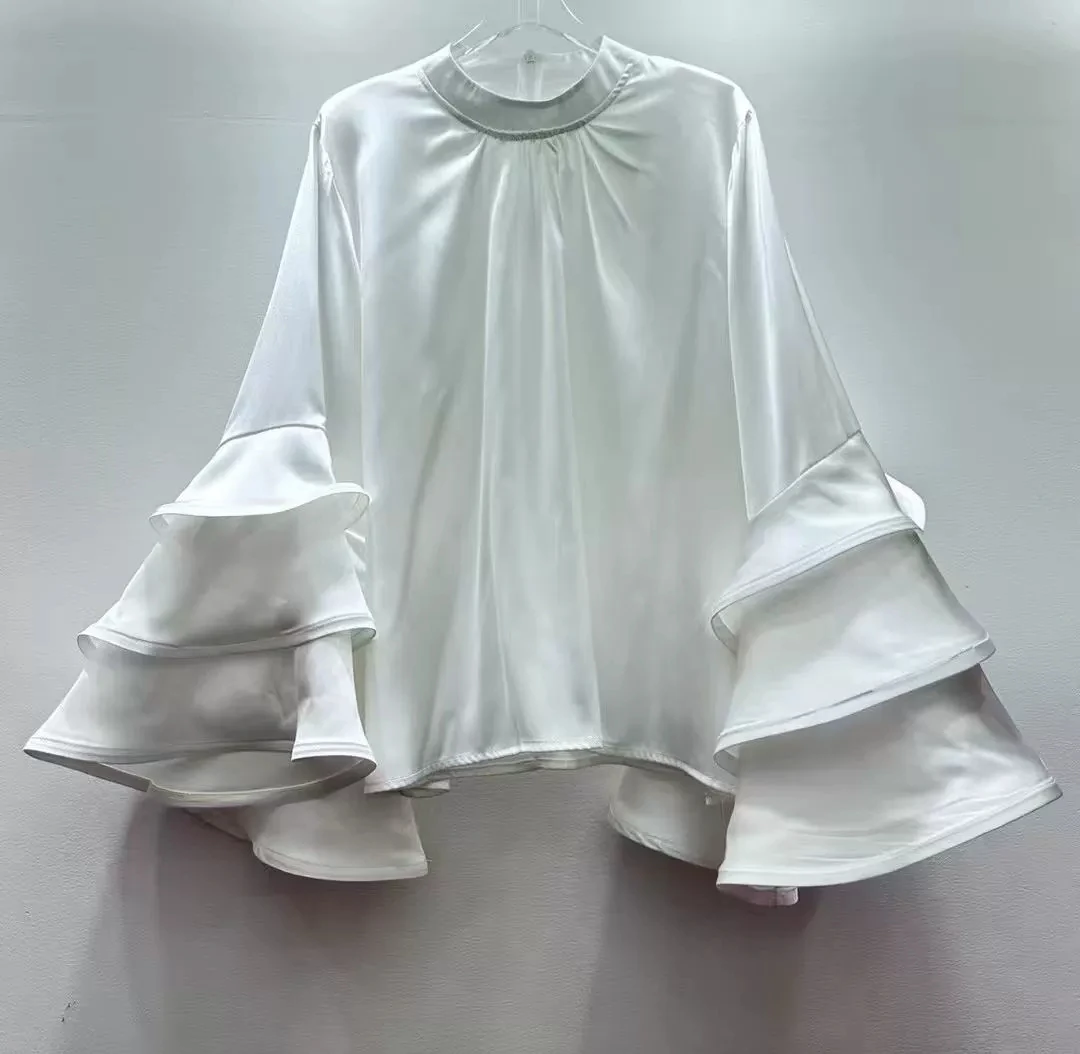 Francuski styl, jednolity kolor, prosty top, nowość na jesień 2025, luksusowa, luźna, wyszczuplająca koszula z falbanami - GZXX941