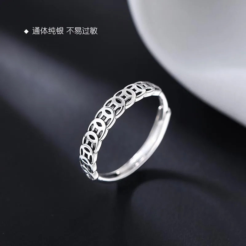 S925Sterling Silver Vintage Ring Female Money Drawing Coin Unique Design Simple Niche Open Lucky Ring