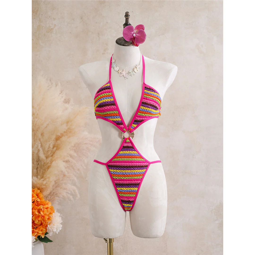 Mit Rock, gestreiftem Halterneck, V-Ausschnitt, Damen-Badeanzug, einteiliger Badeanzug, Damen-Monokini, hoher Beinausschnitt, Badebekleidung, Badeanzug, V8345. – Detail 15