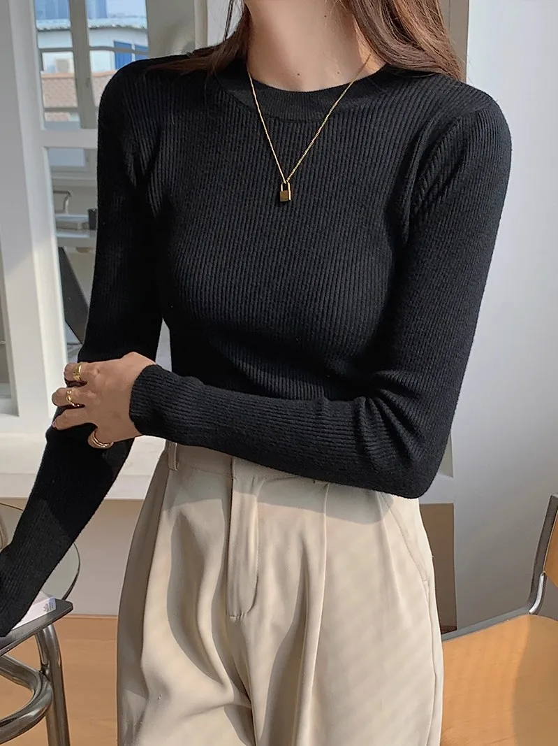 Pullover a maniche lunghe stile coreano Moda morbido caldo maglione basic da donna Autunno Inverno Slim Solid Maglieria Top
