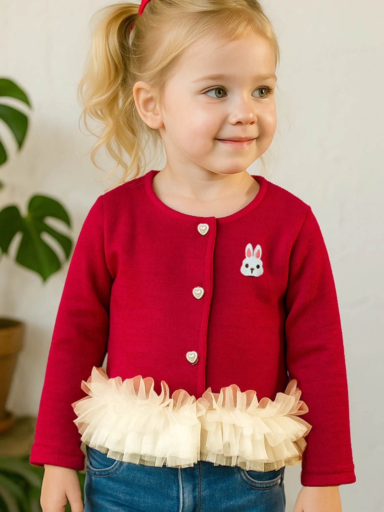 Red Embroidered Bunny Girl's Spring Autumn Jacket, Sweet Chiffon Lace Patchwork, Fashionable Japanese and Korean Children's Coat