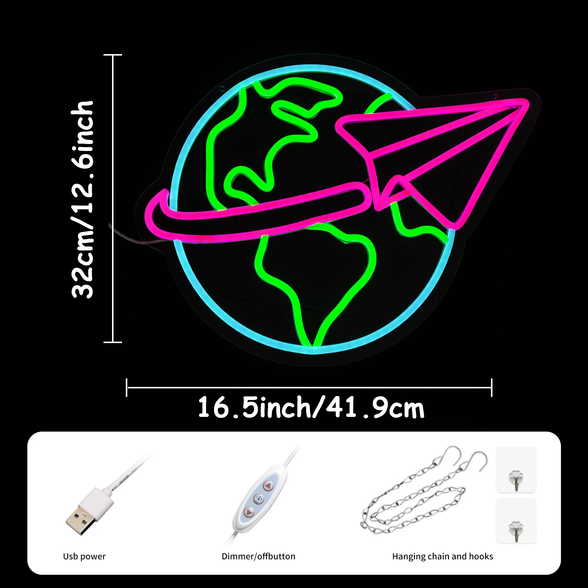 Earth paper airplane LED neon, USB powered dimmable LED neon, suitable for study, office, party wall decoration