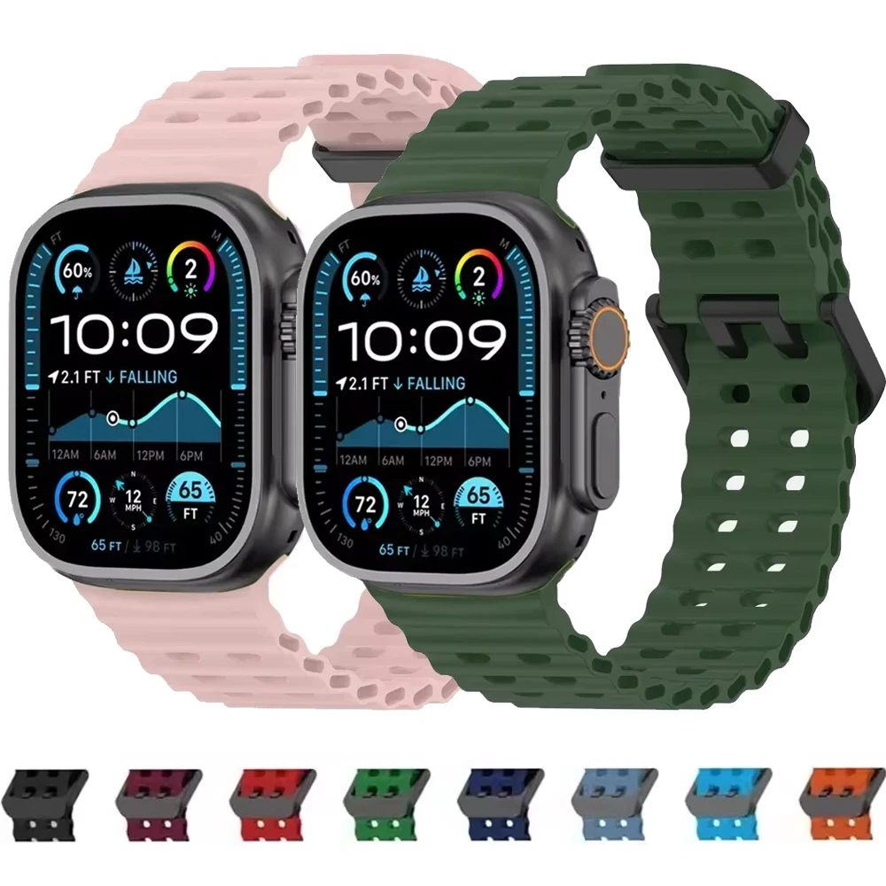 Ocean สายซิลิโคนสําหรับ Apple Watch Band Ultra 2/1 49 มม.10 46 มม.สร้อยข้อมือกีฬาสายรัดข้อมือ iWatch series 9 8 7 6 5 4 SE 45 มม.44 มม.