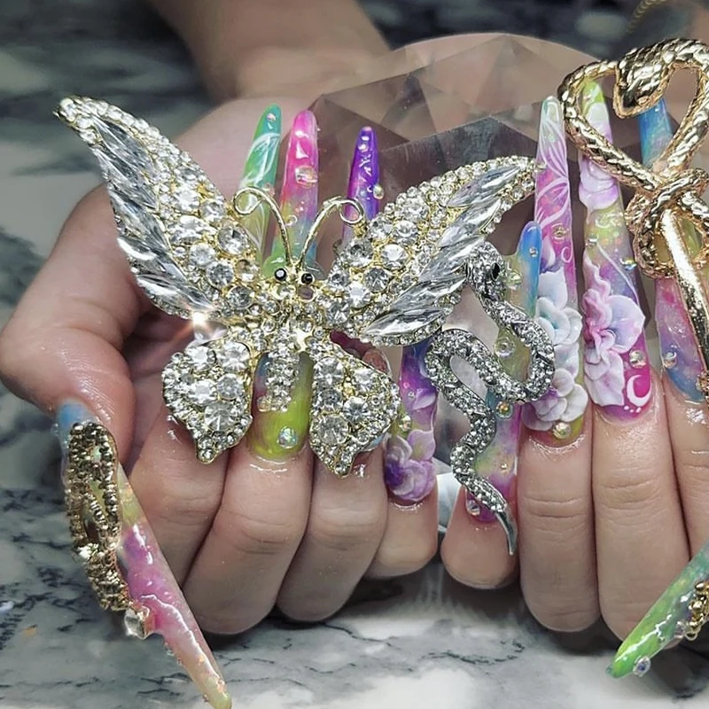 1pc Large Vintage New Crystal Large Butterfly Nail Charm Exaggerated Fashion Jewelry Animal Insect Nail Accessories