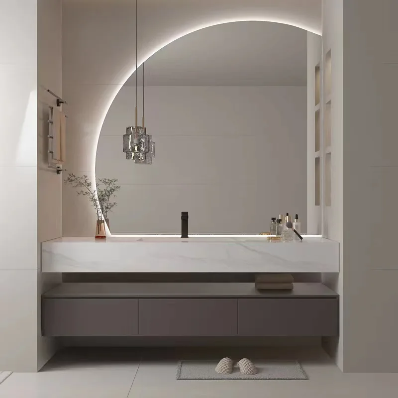 Simple Stone Plate Integrated Semicircle Mirror Bathroom Cabinet Room Washstand Wash Face Wash