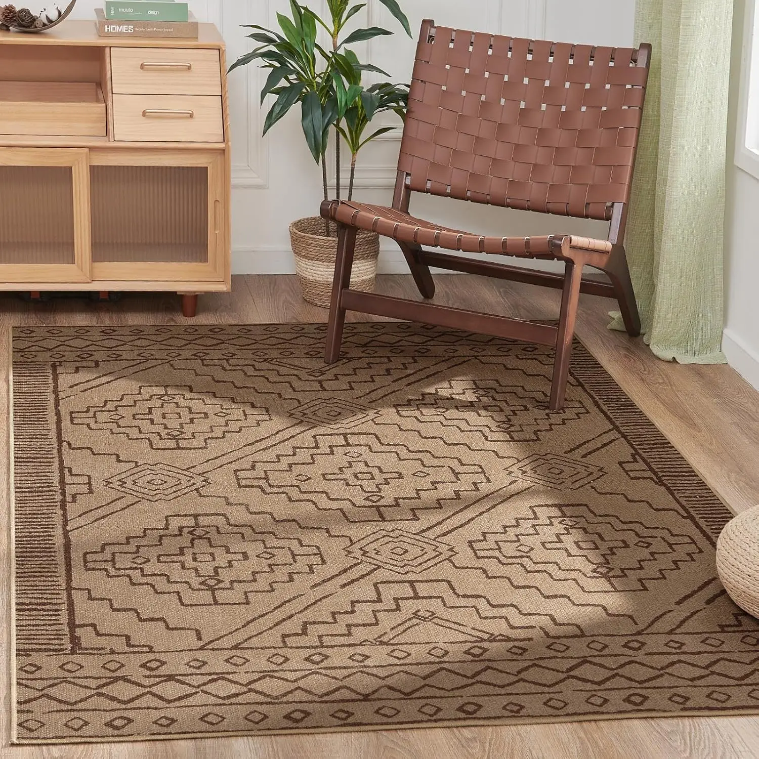 

Area Rug 5X7 Entryway Boho Chic Jute Rug Indoor Outdoor Floor Cover Print Geometric Brown Accent Carpet For Living Room Bedroom