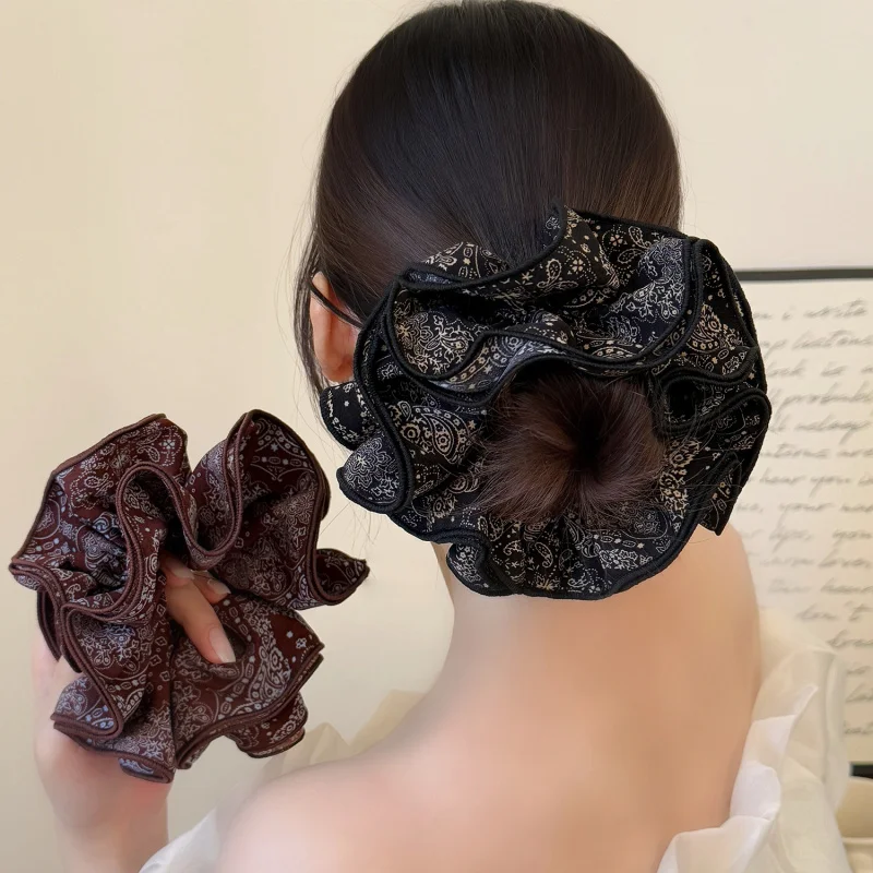 

Black Retro Paisley Print Large Scrunchie Four-Layer Korean Style Textured Accessory New Versatile Ponytail Hair Flower