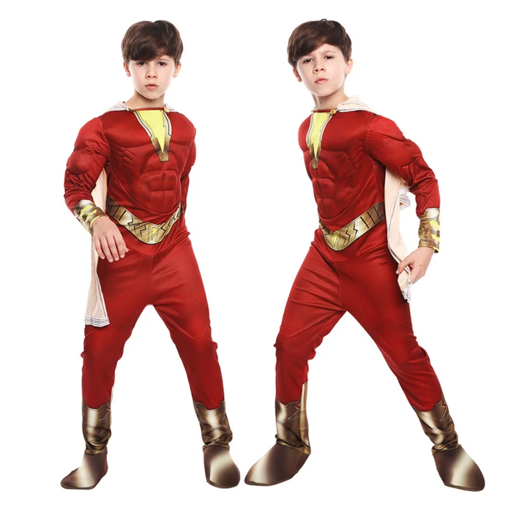 Shazam Costume for Kids Boy Muscle Captain Cosplay Billy Batson Jumpsuit Halloween Carnival Party Performance Costume